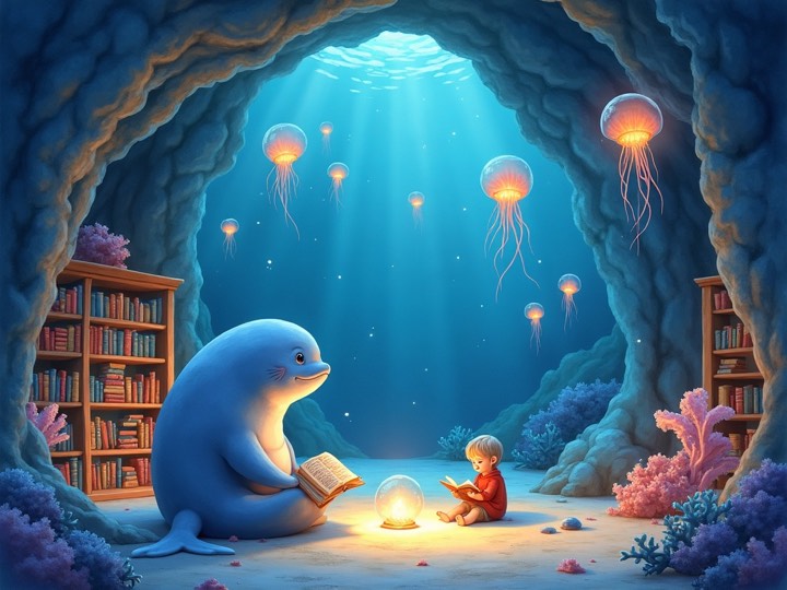 Ilustração da história A Baleia Bibliotecária